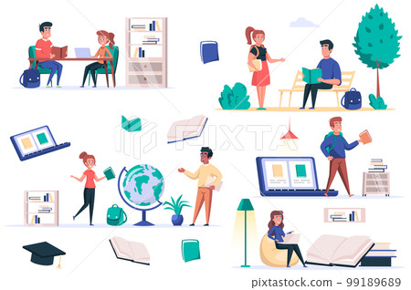 Back to school isolated elements set. Bundle of pupils in class, students reading in park, doing homework, online learning, education. Creator kit for vector illustration in flat cartoon design 99189689