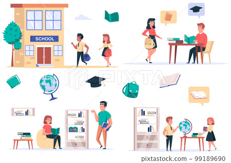 Back to school isolated elements set. Bundle of children rush to school, classmates study in classroom, student in library, study geography. Creator kit for vector illustration in flat cartoon design 99189690