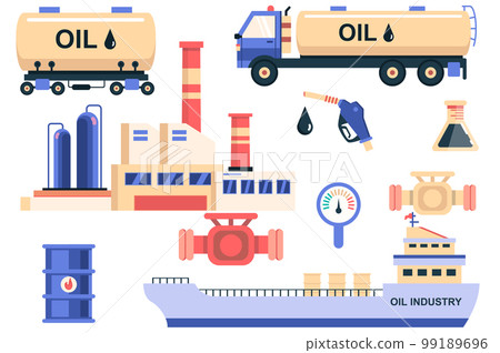 Oil industry isolated elements set. Bundle of oil tanker, storage and transportation in ship, refueling, production plant, barrel and other. Creator kit for vector illustration in flat cartoon design Oil industry isolated elements set. Bundle of oil tanker, storage and transportation in ship, refueling, production plant, barrel and other. Creator kit for vector illustration in flat cartoon design 99189696