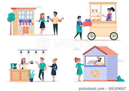 Street food shop isolated elements set. Bundle of people buy drinks in coffee shop, kiosks with desserts, pizza in pizzeria restaurant. Creator kit for vector illustration in flat cartoon design Street food shop isolated elements set. Bundle of people buy drinks in coffee shop, kiosks with desserts, pizza in pizzeria restaurant. Creator kit for vector illustration in flat cartoon design 99189697