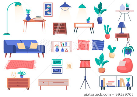 Furniture, house plants and decor isolated elements set. Bundle of sofa with pillows, tables, lamps, pillows, shelves, paintings and other. Creator kit for vector illustration in flat cartoon design Furniture, house plants and decor isolated elements set. Bundle of sofa with pillows, tables, lamps, pillows, shelves, paintings and other. Creator kit for vector illustration in flat cartoon design 99189705