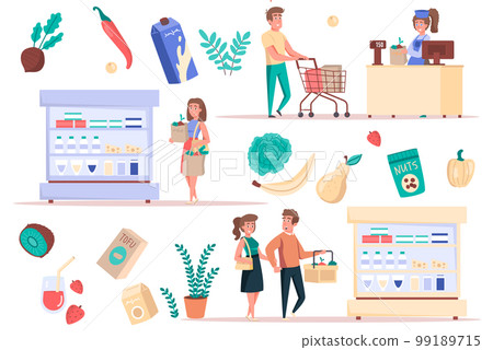 Grocery shopping at supermarket isolated elements set. Bundle of customers buying food, vegetables and fruits at shelves, paying at checkout. Creator kit for vector illustration in flat cartoon design 99189715