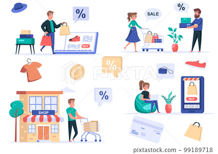 Shopping people isolated elements set. Bundle of men and women buying online and in store at discount price, clothing and footwear sales. Creator kit for vector illustration in flat cartoon design 99189718