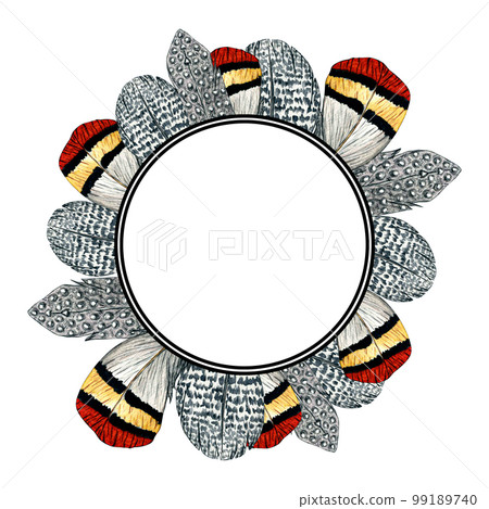 Watercolor frame of feathers on white background. Nature illustration for kids design and postcards. Watercolor frame of feathers on white background. Nature illustration for kids design and postcards. 99189740