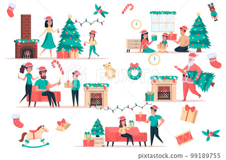 Christmas celebrate isolated elements set. Bundle of family gives gifts, decorates tree, santa by fireplace, festive party decor and toys. Creator kit for vector illustration in flat cartoon design 99189755