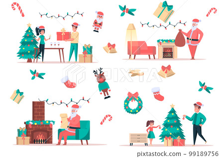 Christmas celebrate isolated elements set. Bundle of people giving gifts, santa by fireplace, dad and daughter decorate tree, festive party. Creator kit for vector illustration in flat cartoon design 99189756