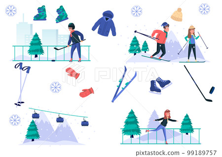 Winter sports isolated elements set. Bundle of men and women skiing, skating, playing hockey, funicular works, equipment for activities. Creator kit for vector illustration in flat cartoon design 99189757