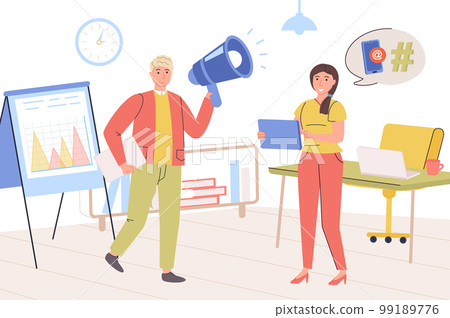 Marketing concept. Man and woman making advertising campaign, attracting customers with megaphone, successful marketing strategy and business promotion. Vector illustration in trendy flat design 99189776