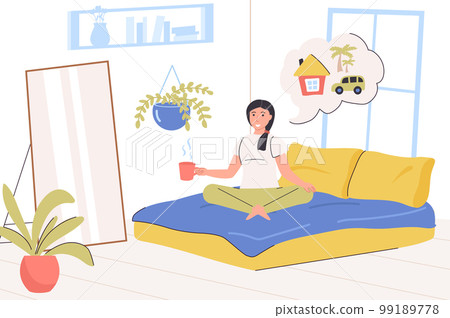 Dreaming people concept. Happy woman thinking about home, car and future travels while sitting on bed in bedroom. Imagination, inspiration and goal setting. Vector illustration in trendy flat design 99189778