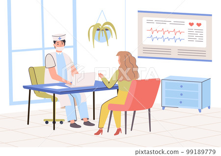 Medical clinic concept. Doctor consults patient in office. Woman visiting to her therapist for examination. diagnosis and treatment of diseases in hospital. Vector illustration in trendy flat design 99189779