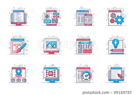 Design and development concept flat line icons set. Website creation and optimization. Bundle of code, layout, settings, structure, api, other. Vector conceptual pack outline symbols for mobile app 99189785