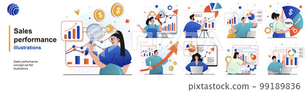 Sales performance isolated set. Financial profit growth, increase in earnings. People collection of scenes in flat design. Vector illustration for blogging, website, mobile app, promotional materials. 99189836