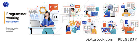 Programmer working isolated set. Devops, coding, programming software testing. People collection of scenes in flat design. Vector illustration for blogging, website, mobile app, promotional materials. 99189837
