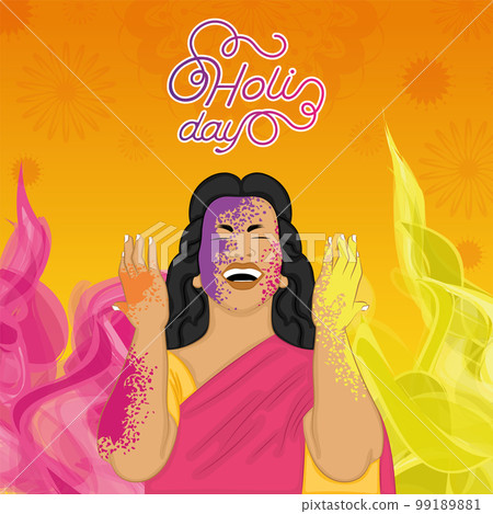 Isolated happy woman with colored powders Holi Festival Vector Isolated happy woman with colored powders Holi Festival Vector 99189881