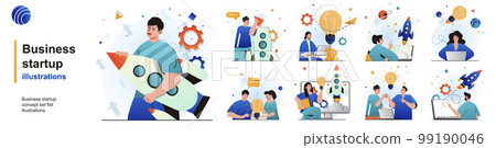 Business startup isolated set. Successful development of new business idea. People collection of scenes in flat design. Vector illustration for blogging, website, mobile app, promotional materials. 99190046