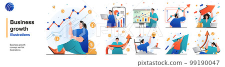 Business growth isolated set. Successful development and financial growth. People collection of scenes in flat design. Vector illustration for blogging, website, mobile app, promotional materials. 99190047