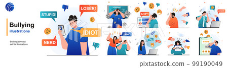 Bullying isolated set. Abuse at school, work or Internet, toxic communication. People collection of scenes in flat design. Vector illustration for blogging, website, mobile app, promotional materials. Bullying isolated set. Abuse at school, work or Internet, toxic communication. People collection of scenes in flat design. Vector illustration for blogging, website, mobile app, promotional materials. 99190049