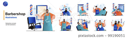 Barbershop isolated set. Hairdresser doing haircuts or shaving beard in salon. People collection of scenes in flat design. Vector illustration for blogging, website, mobile app, promotional materials. Barbershop isolated set. Hairdresser doing haircuts or shaving beard in salon. People collection of scenes in flat design. Vector illustration for blogging, website, mobile app, promotional materials. 99190051