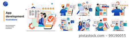 App development isolated set. Programmers develop software and software. People collection of scenes in flat design. Vector illustration for blogging, website, mobile app, promotional materials. 99190055