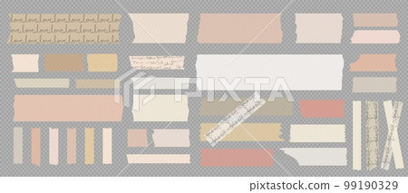 Washi tapes. Semi-transparent pieces of ribbons. Pink, warm colors of pieces of washi tape with torn edges. Set of adhesive scrapbooking ribbons isolated on a transparent background. 99190329