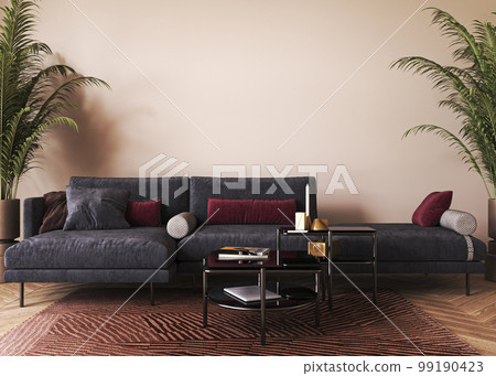 Light house interior design with black sofa, table and decor in coastal living room. Beige wall mock up. 3d render. High quality 3d illustration Light house interior design with black sofa, table and decor in coastal living room. Beige wall mock up. 3d render. High quality 3d illustration 99190423