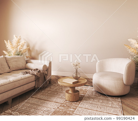 Beige color interior design with white sofa,wooden boho table and ethnic carpet in modern coastal living room. Empty wall mockup. 3d render. High quality 3d illustration Beige color interior design with white sofa,wooden boho table and ethnic carpet in modern coastal living room. Empty wall mockup. 3d render. High quality 3d illustration 99190424