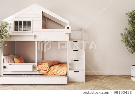 Mock up poster frame in white children bedroom. Scandinavian style light interior background. 3d render. High quality 3d illustration 99190438