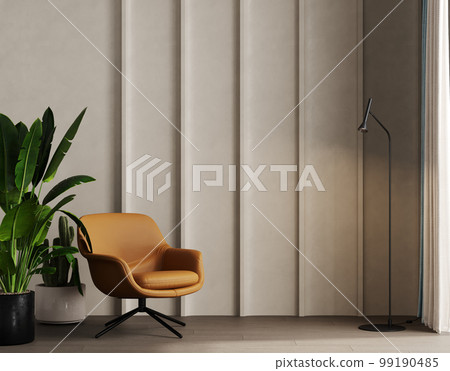 Beige contemporary minimalist interior with leather brown armchair, blank decorative wall, 3d render illustration mockup Beige contemporary minimalist interior with leather brown armchair, blank decorative wall, 3d render illustration mockup 99190485
