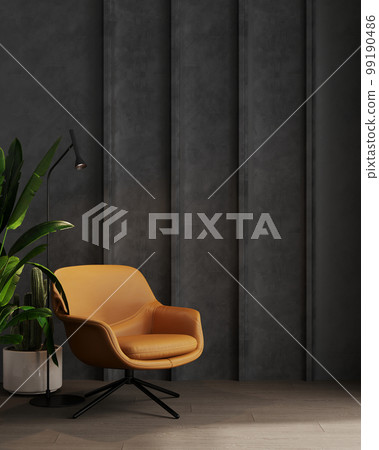 Dark gray contemporary minimalist interior with leather brown armchair, blank decorative wall, 3d render illustration mockup Dark gray contemporary minimalist interior with leather brown armchair, blank decorative wall, 3d render illustration mockup 99190486