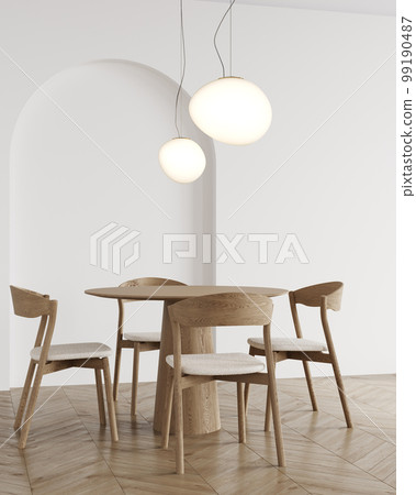 Home interior, modern light beige dining room interior with wooden furniture, arch empty wall mock up, 3d render 99190487