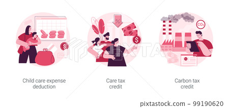 Family support abstract concept vector illustration set. Child care expense deduction, care and carbon tax credits, taxable income, family budget, bank transfer, paycheck abstract metaphor. 99190620