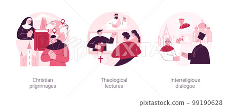Doctrine of god abstract concept vector illustration set. Christian pilgrimages, theological lectures, interreligious dialogue, church father, religious symbol, visit saint place abstract metaphor. 99190628