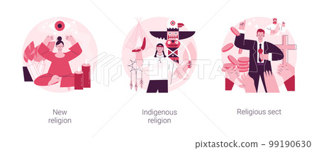 Spiritual movement abstract concept vector illustration set. New religion, indigenous religion, religious sect, ancient culture, sacred ritual, praying to god, anglican church abstract metaphor. 99190630