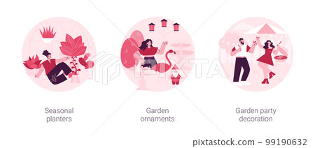Garden decoration ideas abstract concept vector illustration set. Seasonal planters, garden ornaments, outdoor party decoration, landscape design, bird bath, wind chime, shop online abstract metaphor. 99190632