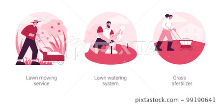 Gardening services abstract concept vector illustration set. Lawn mowing service, lawn watering system, grass fertilizer, aeration and weeding, dandelion removal, irrigation abstract metaphor. 99190641