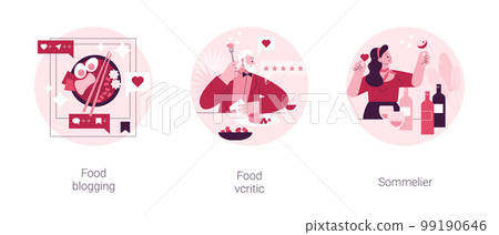 Food review abstract concept vector illustration set. Food blogging and critic, sommelier, social media, restaurant chef, rating, expert opinion, culinary show, wine steward, foodie abstract metaphor. 99190646