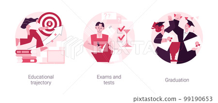 Getting an academic degree abstract concept vector illustration set. Educational trajectory, exams and tests, graduation day, school classroom, exam timetable, test results abstract metaphor. 99190653