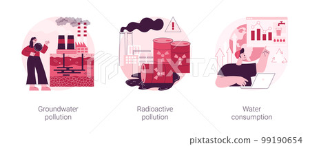 Environmental problem abstract concept vector illustration set. Groundwater pollution, radioactive hazardous waste, water consumption, toxic trash, chemical pollutant in soil abstract metaphor. 99190654
