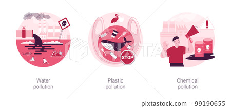 Environmental issue abstract concept vector illustration set. Water pollution, plastic ocean, landfill chemical contamination, hazardous waste, climate change, dangerous trash abstract metaphor. 99190655