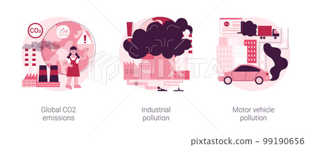 Global carbon footprint abstract concept vector illustration set. Global CO2 emissions, industrial pollution, motor vehicle emission reduction, greenhouse effect, transportation abstract metaphor. 99190656