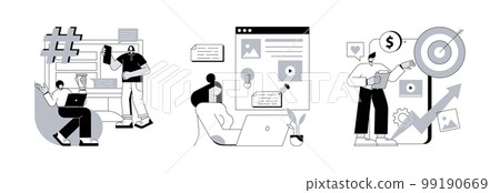 Social media marketing abstract concept vector illustration set. Microblog platform, blog and high ROI content, influencer, brand promotion, followers and subscriptions, viral content abstract Social media marketing abstract concept vector illustration set. Microblog platform, blog and high ROI content, influencer, brand promotion, followers and subscriptions, viral content abstract 99190669