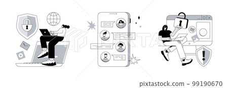 Internet privacy violation abstract concept vector illustration set. Digital ethics and privacy, Internet forum, cyberstalking, data protection, user information, social media abstract metaphor. 99190670