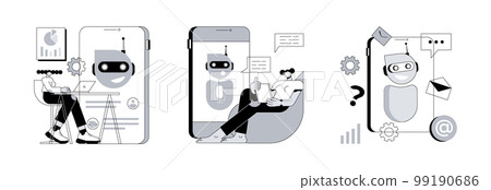Chatbot programming abstract concept vector illustration set. Chatbot development platform, virtual assistant and Artificial Intelligence, wireframe, machine learning service abstract metaphor. 99190686