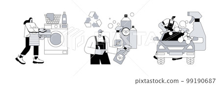 Cleaning services abstract concept vector illustration set. Laundry and dry cleaning, green washing chemical, car wash service, automatic vehicle vacuum, self-serve station abstract metaphor. 99190687