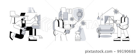Covid19 virus spread control abstract concept vector illustration set. Commercial cleaning, public place sanitizing, home sterilization services, personal hygiene, office cleanup abstract metaphor. 99190688