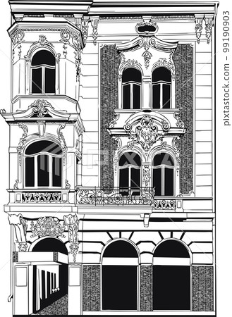Black and white vector sketch illustration of house facade in renaissance style 99190903