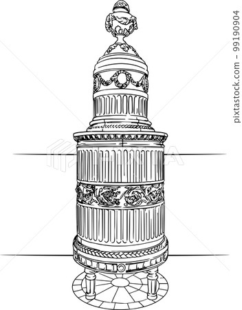 Black and white vector sketch illustration of heating stove from an old castle renaissance style 99190904