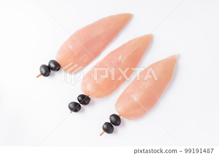 Raw uncooked Chicken meat, kebab on skewers on a white background .Close-up.Top view.skewers of raw meat and vegetables.raw chicken inner on skewers with olives on a white background. Raw uncooked Chicken meat, kebab on skewers on a white background .Close-up.Top view.skewers of raw meat and vegetables.raw chicken inner on skewers with olives on a white background. 99191487