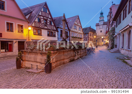 Rothenburg ob der Tauber. Old famous medieval at sunset. 99191494