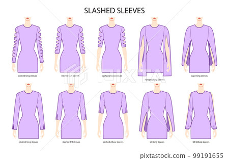 Set of Slashed sleeves clothes long, short, hanging, cape, slashed, slit technical fashion illustration with fitted body Set of Slashed sleeves clothes long, short, hanging, cape, slashed, slit technical fashion illustration with fitted body 99191655
